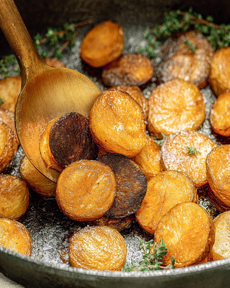 Crispy pan fried potatoes served on a plate with herbs