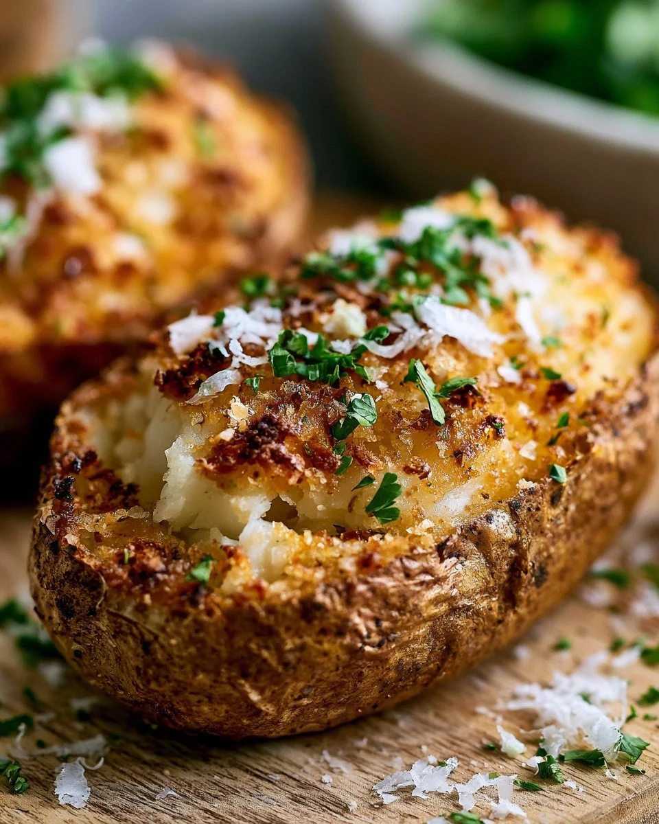 Delicious Parmesan Crusted Baked Potato topped with cheese and herbs