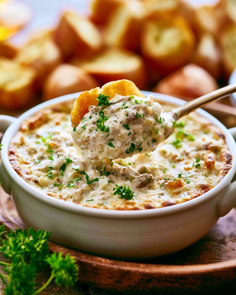 Delicious Philly cheesesteak dip served in a bowl with crispy bread slices