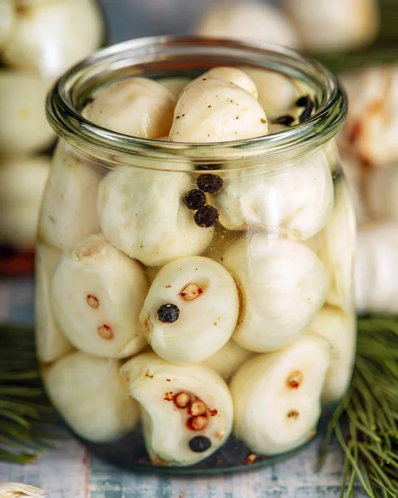 Jar of pickled garlic cloves for cooking and flavoring dishes.