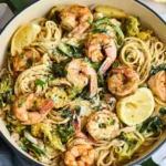 Delicious prawn pasta dish served in a bowl ready to eat