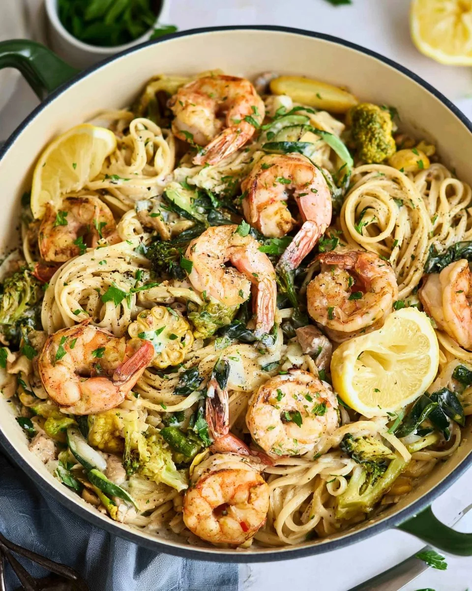 Delicious prawn pasta dish served in a bowl ready to eat