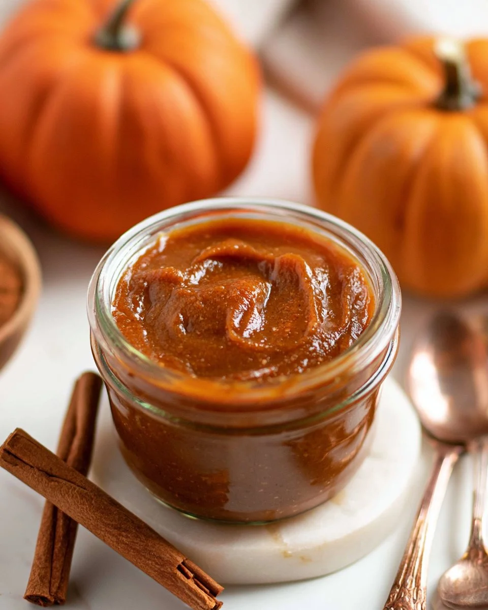 Homemade pumpkin butter in a jar with spices and bread spread on a table