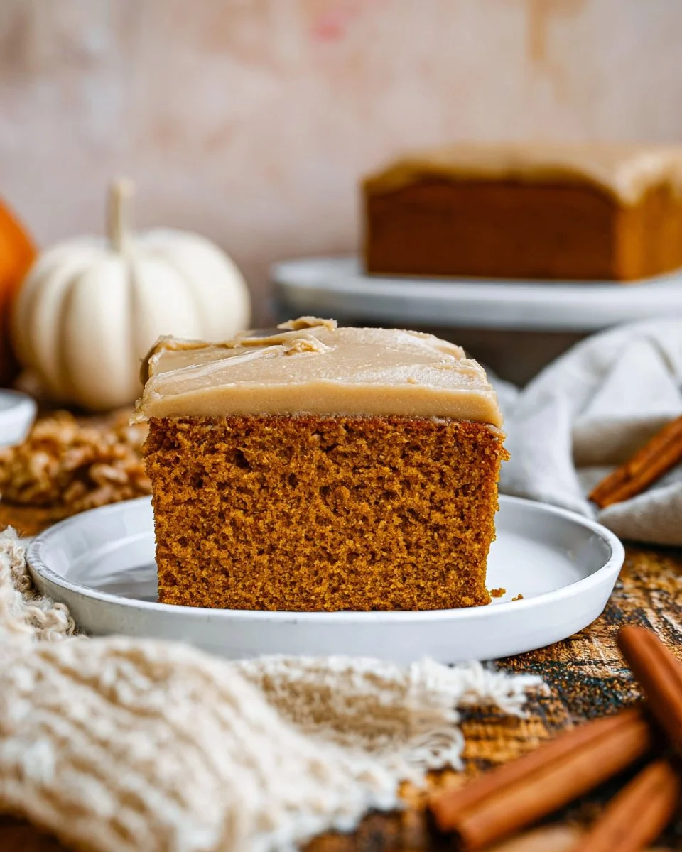 Delicious pumpkin cake with creamy brown sugar frosting on a rustic wooden table