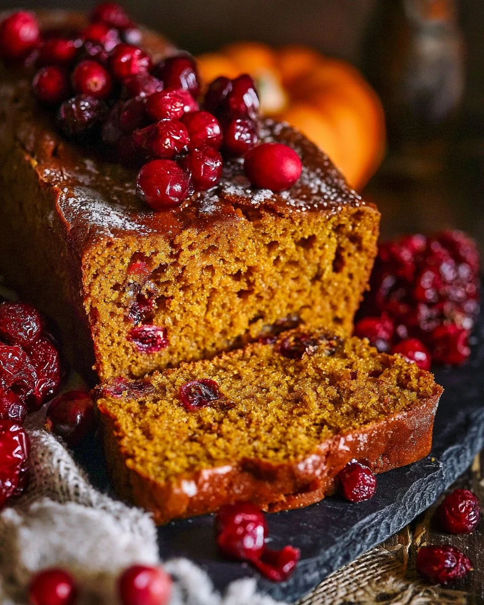 Delicious homemade Pumpkin Cranberry Bread with spices and cranberries