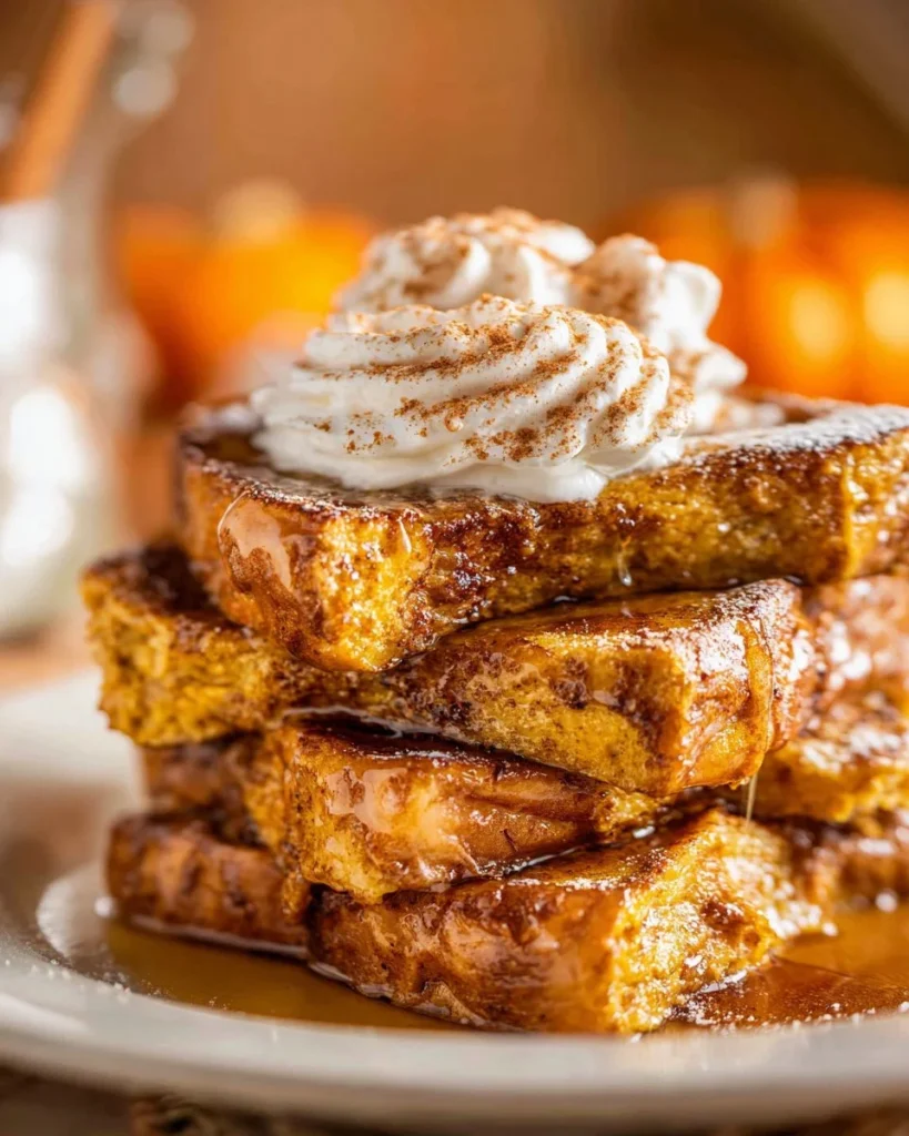 Delicious Pumpkin French Toast with maple syrup and spices on a plate