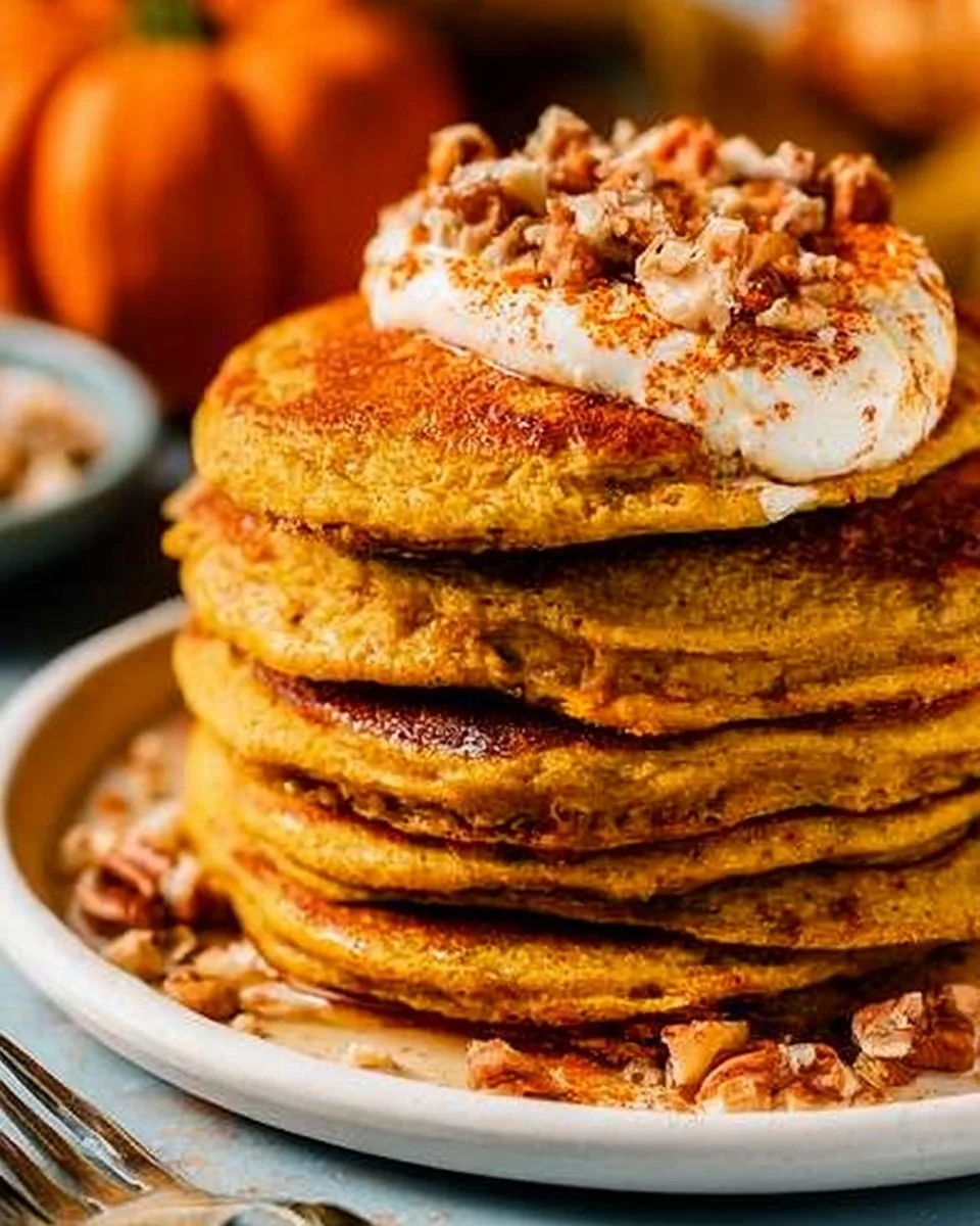 Fluffy pumpkin protein pancakes topped with maple syrup and pecans