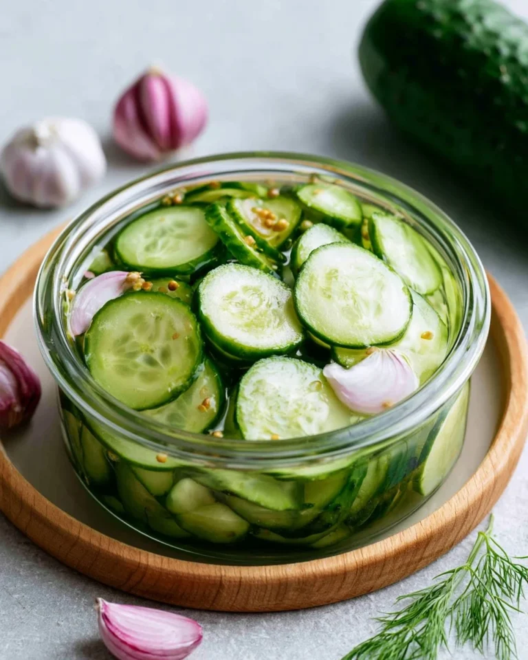 Jar of quick pickled cucumbers with spices and herbs