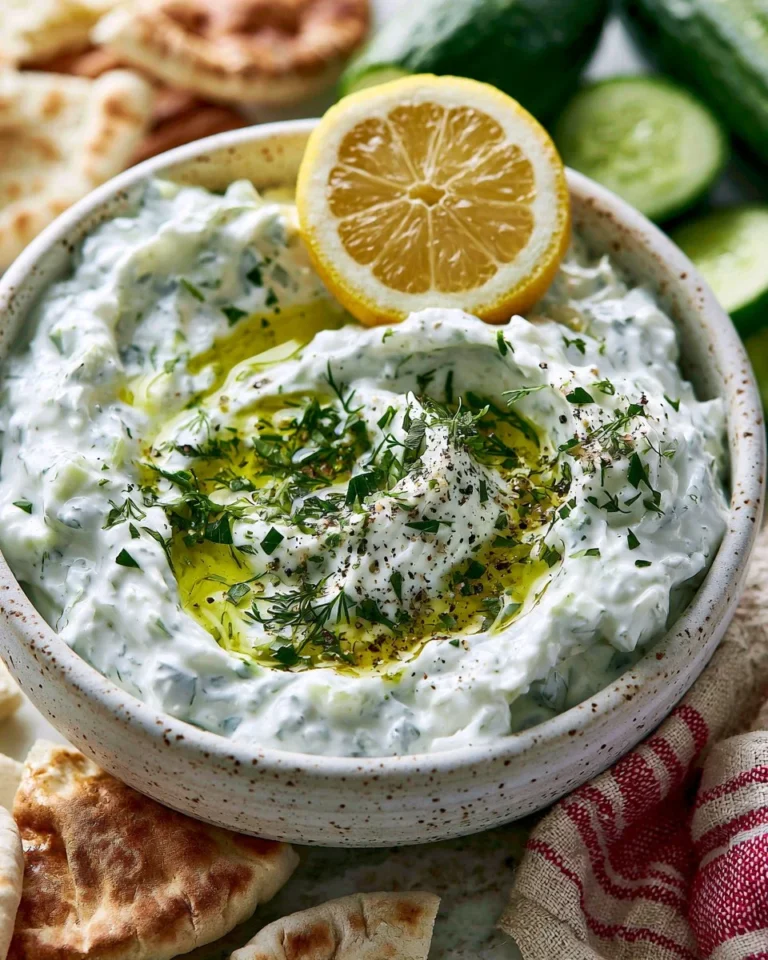 Homemade restaurant style tzatziki sauce in a bowl with fresh ingredients.
