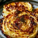 Delicious roasted cabbage steaks on a plate, seasoned and ready to serve.