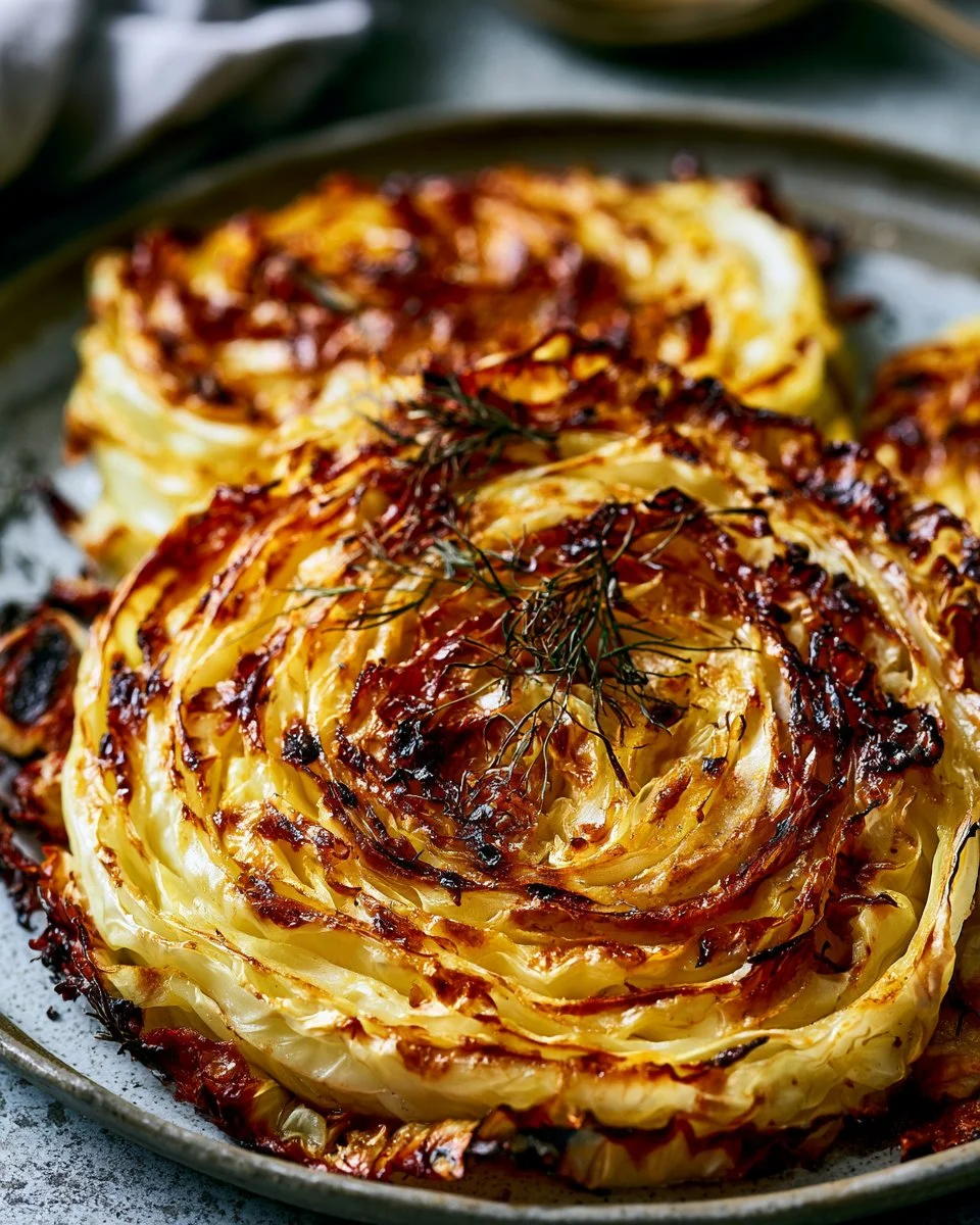 Delicious roasted cabbage steaks on a plate, seasoned and ready to serve.