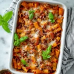 Delicious Sausage Pasta Bake with melted cheese and herbs
