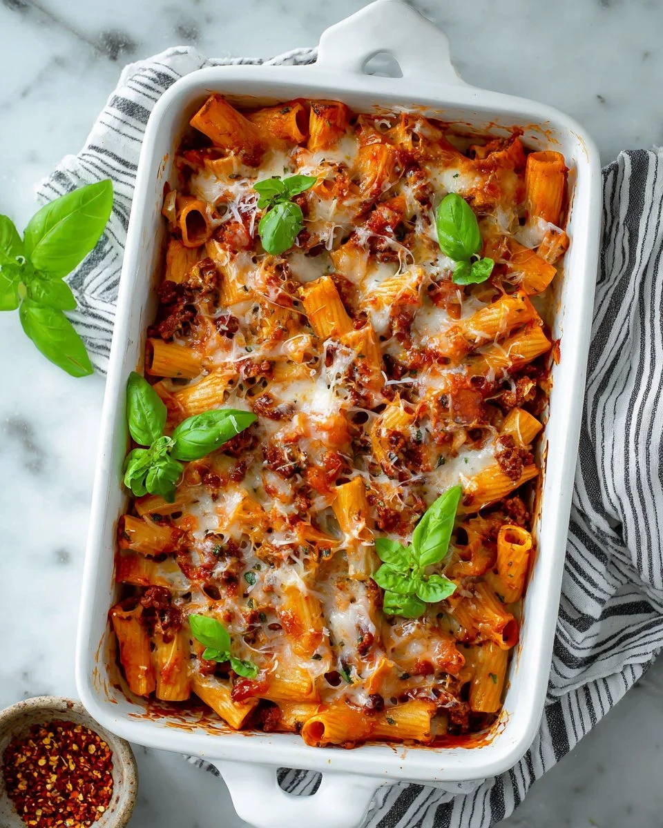 Delicious Sausage Pasta Bake with melted cheese and herbs