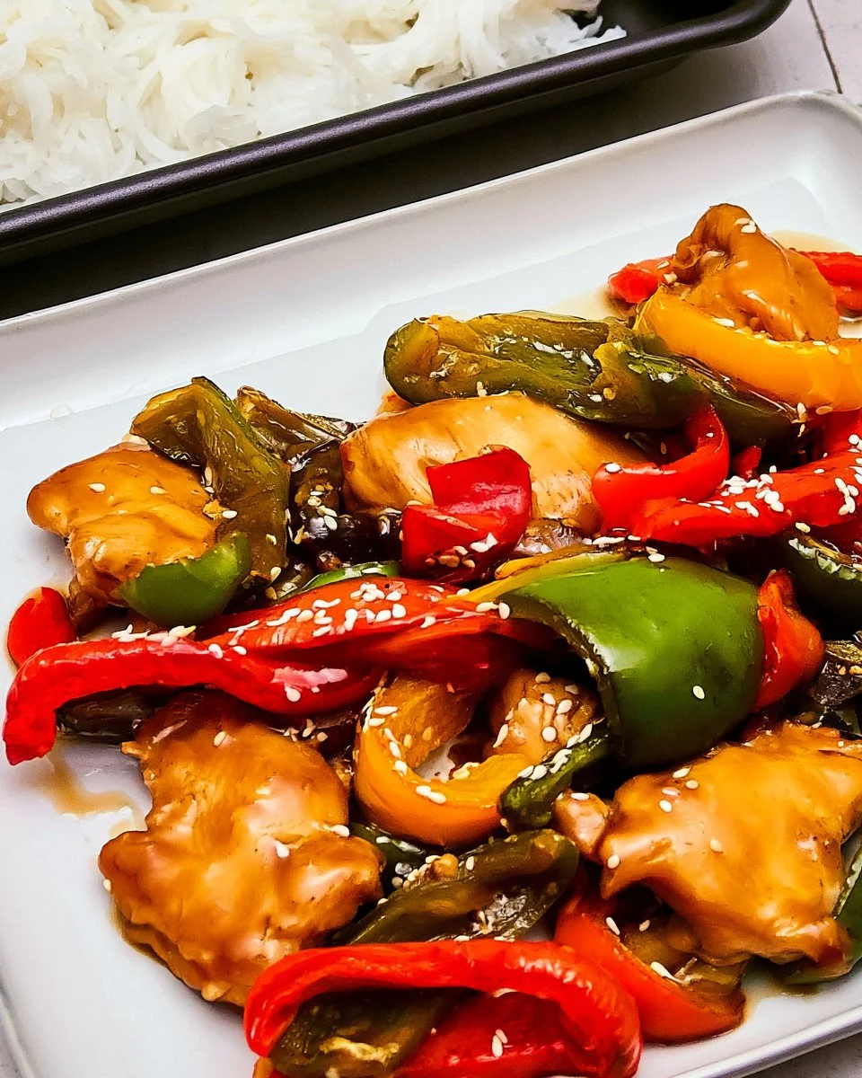 Sheet Pan Teriyaki Chicken and Peppers served on a plate