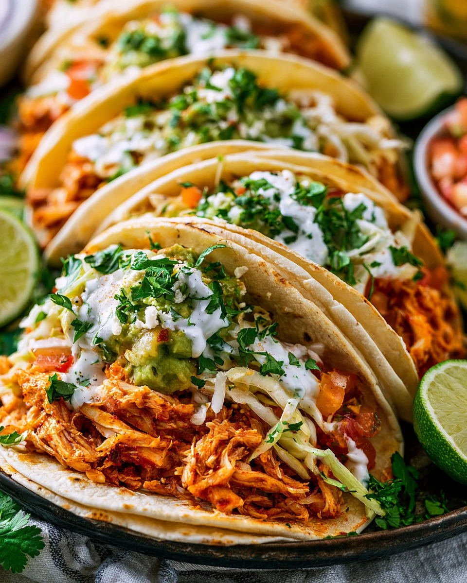 Plate of flavorful shredded chicken tacos topped with fresh herbs and salsa