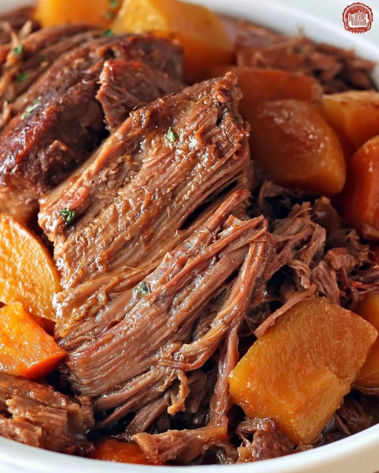 Slow cooker beef roast served with vegetables and gravy