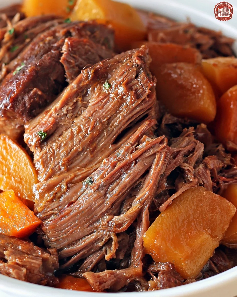 Slow cooker beef roast served with vegetables and gravy