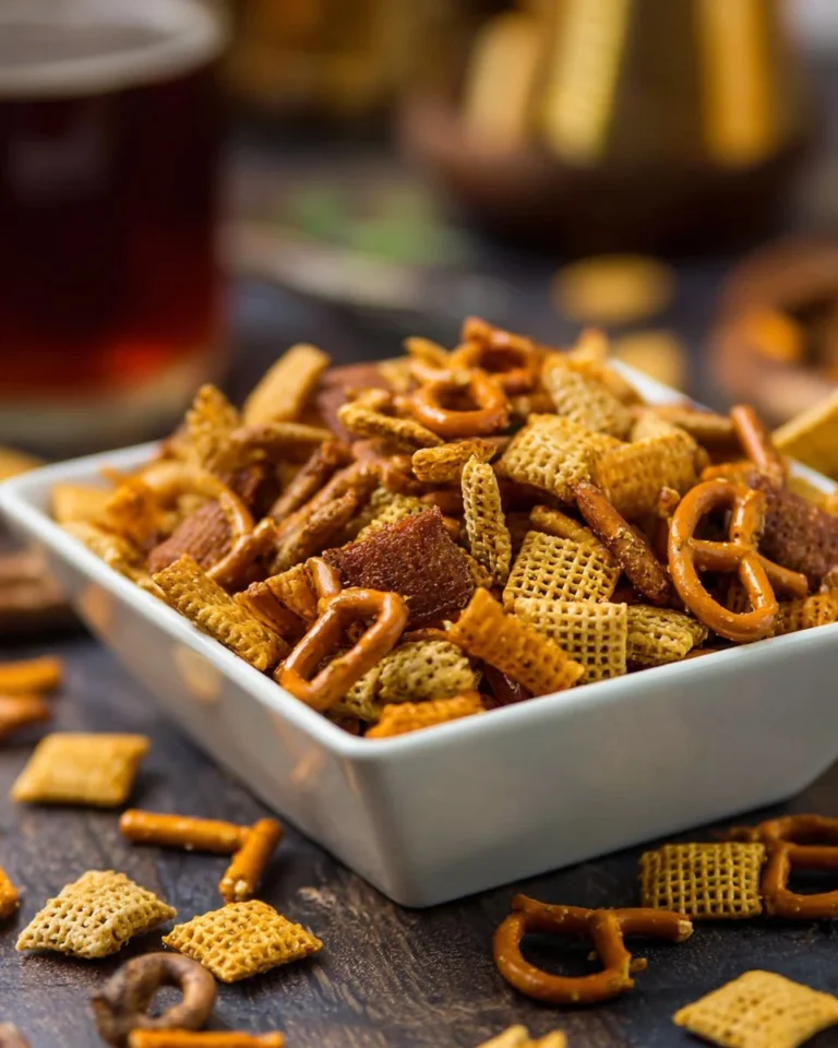 Delicious homemade Smoked Chex Mix snack in a bowl
