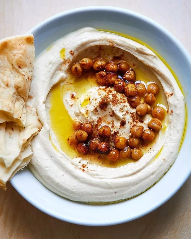 Bowl of smooth and creamy homemade hummus with fresh vegetables for dipping