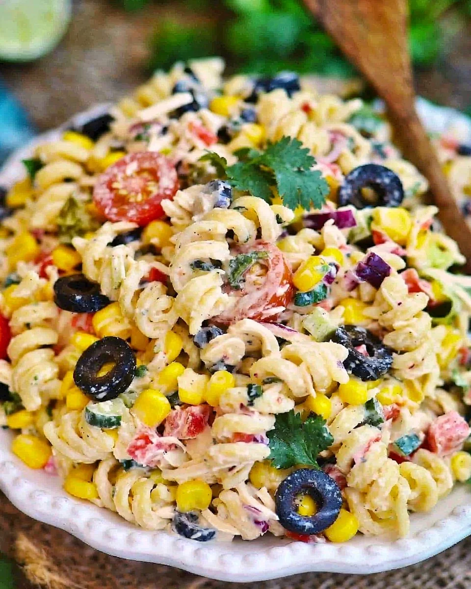 Southwest Ranch Pasta Salad with colorful vegetables and creamy dressing