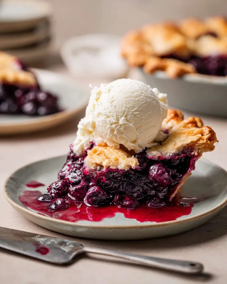 Spiced blueberry pie garnished with cinnamon and served on a rustic plate