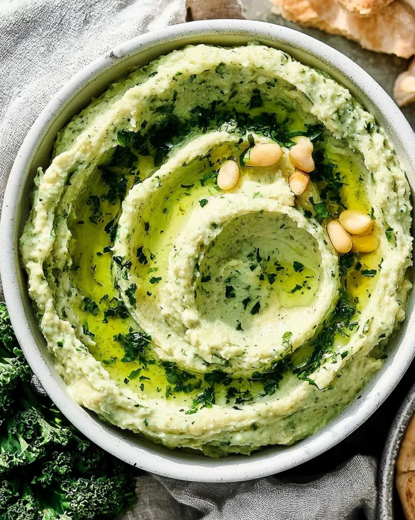 Creamy Spinach Artichoke Hummus in a bowl garnished with fresh herbs