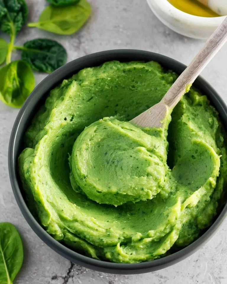 Delicious spinach mashed potatoes topped with herbs on a rustic plate