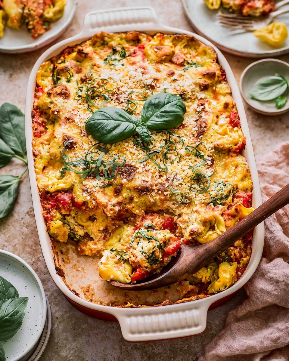 Spinach Ricotta Tortellini Bake served in a casserole dish, garnished with herbs.