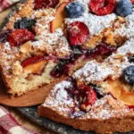 Deliciously decorated stone fruit cake with vibrant seasonal fruits