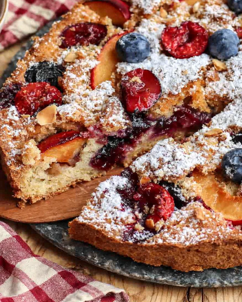 Deliciously decorated stone fruit cake with vibrant seasonal fruits
