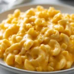 Delicious stovetop mac and cheese in a creamy sauce with cheese on top