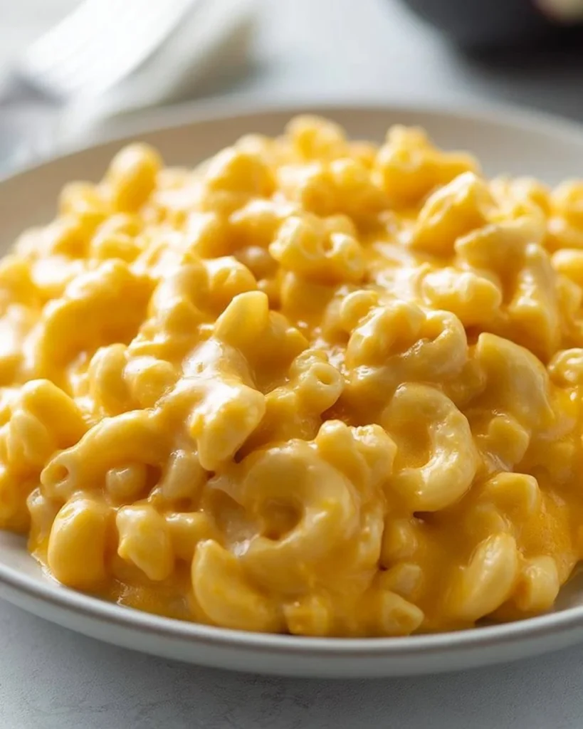 Delicious stovetop mac and cheese in a creamy sauce with cheese on top