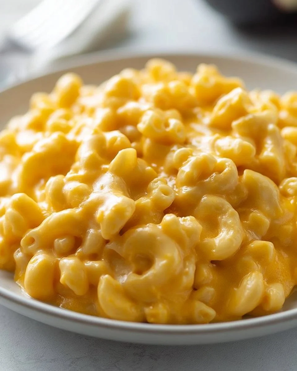 Delicious stovetop mac and cheese in a creamy sauce with cheese on top