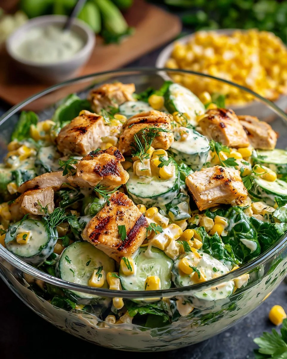 Street Corn Creamy Cucumber Chicken Salad with fresh ingredients in a bowl