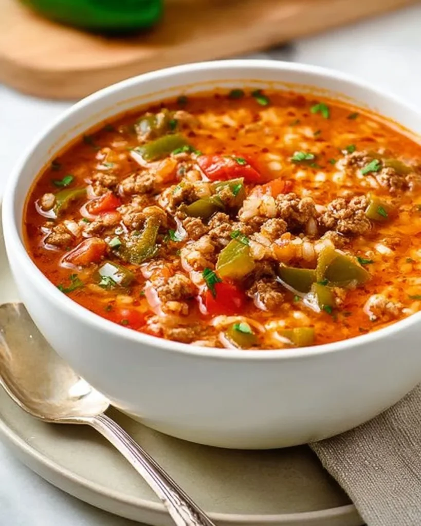 Delicious bowl of Stuffed Pepper Soup garnished with fresh herbs.
