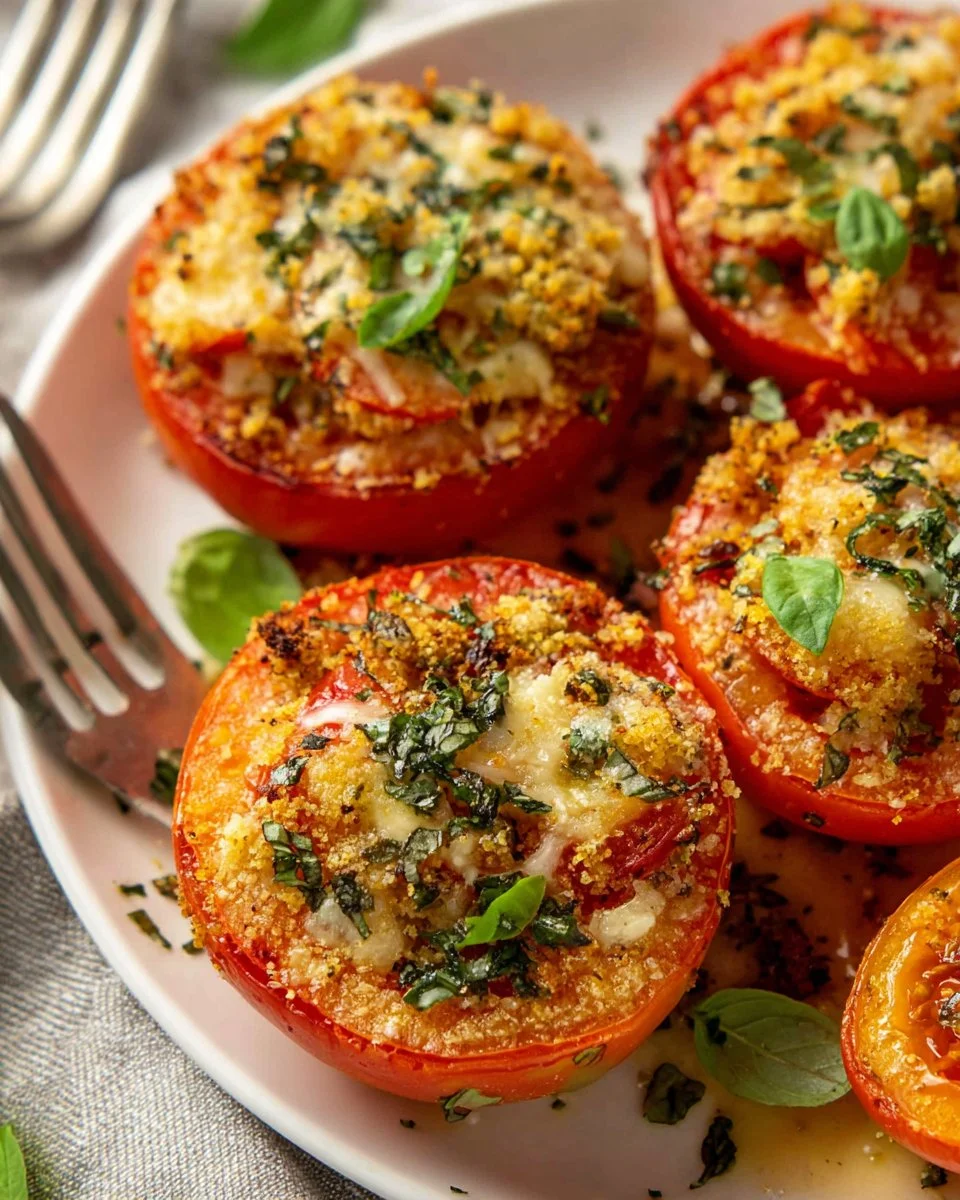 Delicious stuffed tomatoes filled with savory ingredients, ready to serve.