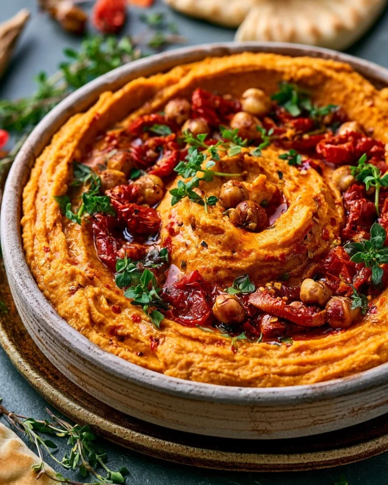 Bowl of sun dried tomato hummus with pita and vegetables