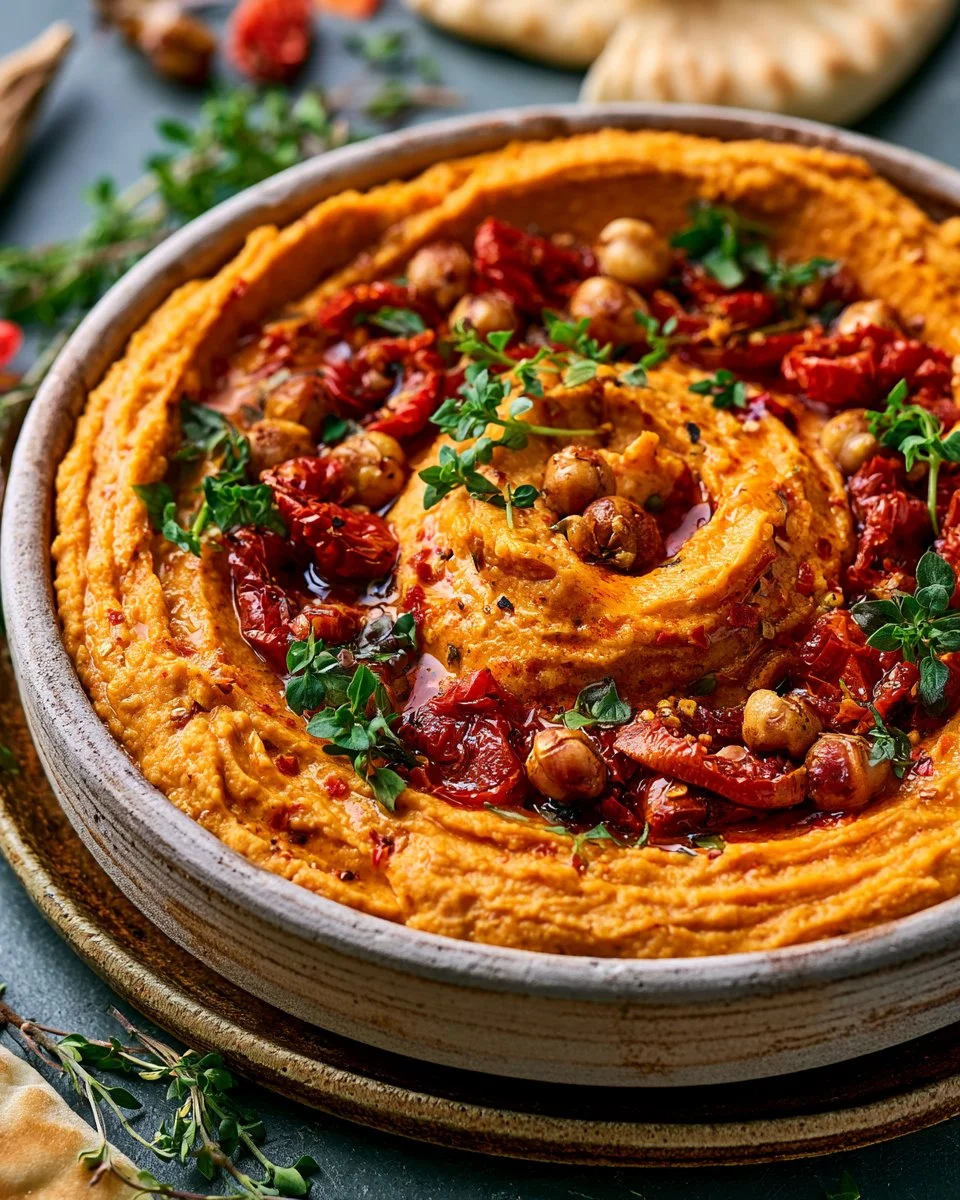Bowl of sun dried tomato hummus with pita and vegetables