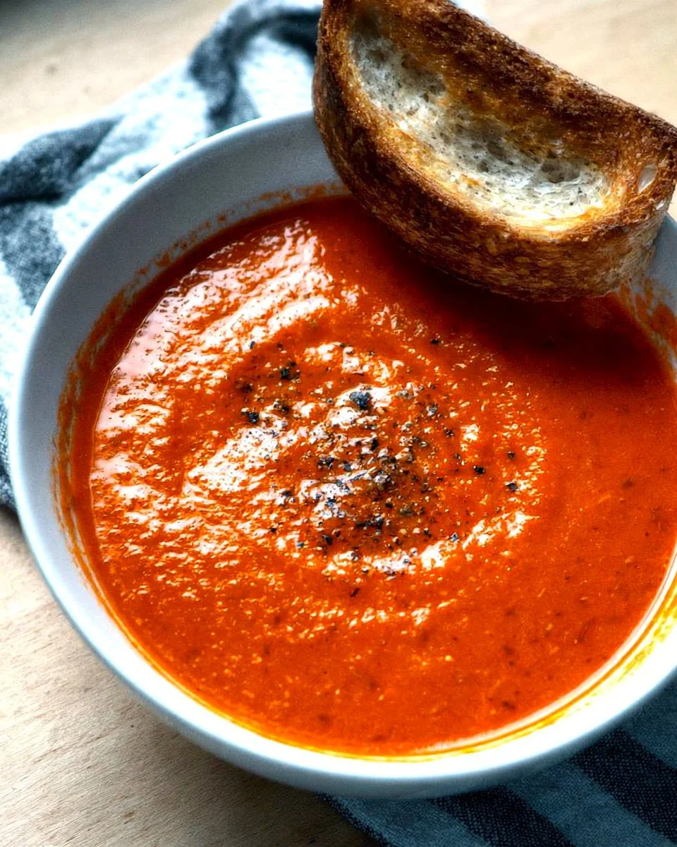 A bowl of homemade tomato soup with fresh basil on top.
