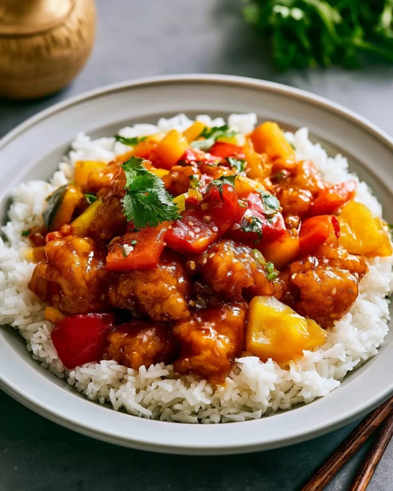 Plate of homemade Sweet and Sour Chicken garnished with vegetables
