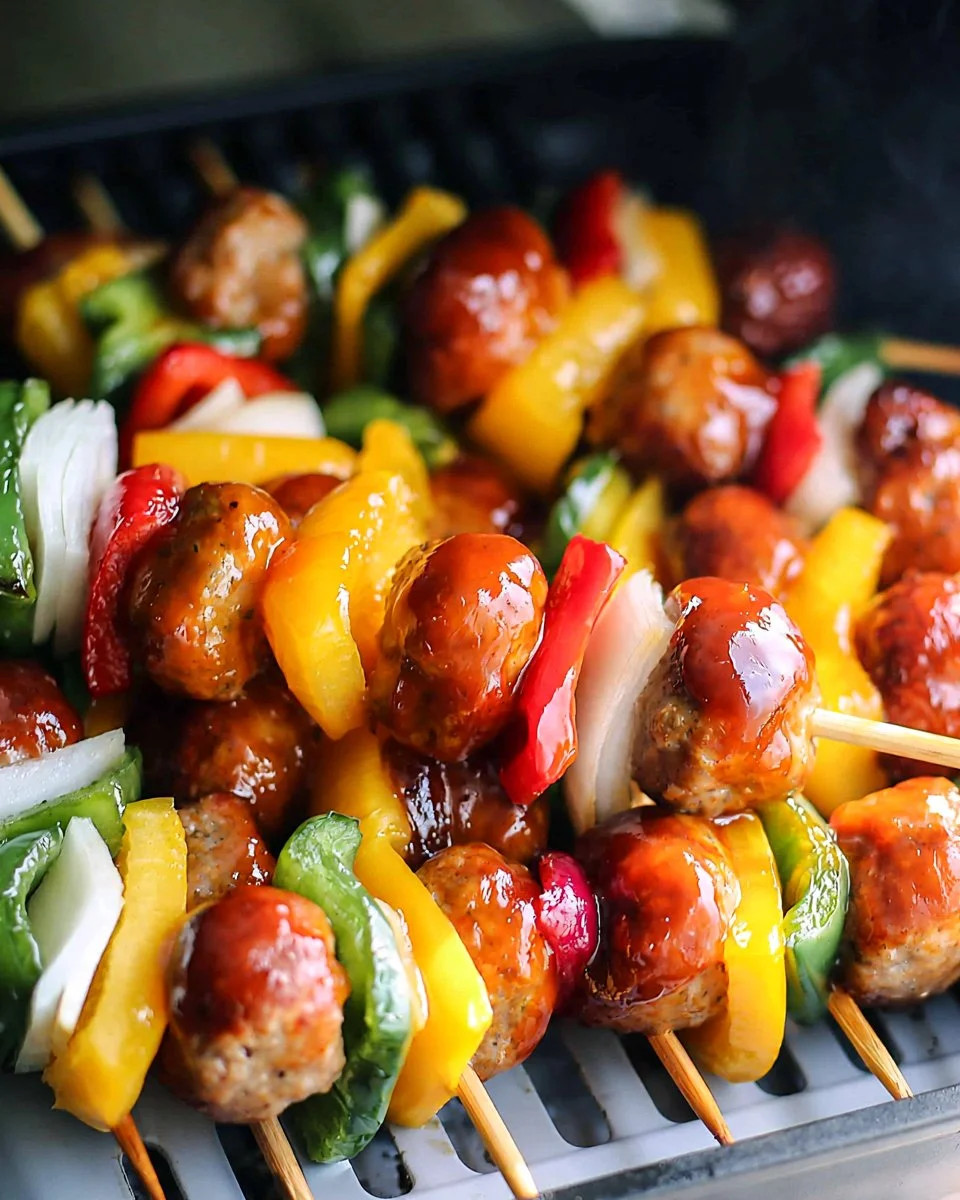 Delicious sweet and sour meatball kabobs ready for grilling.