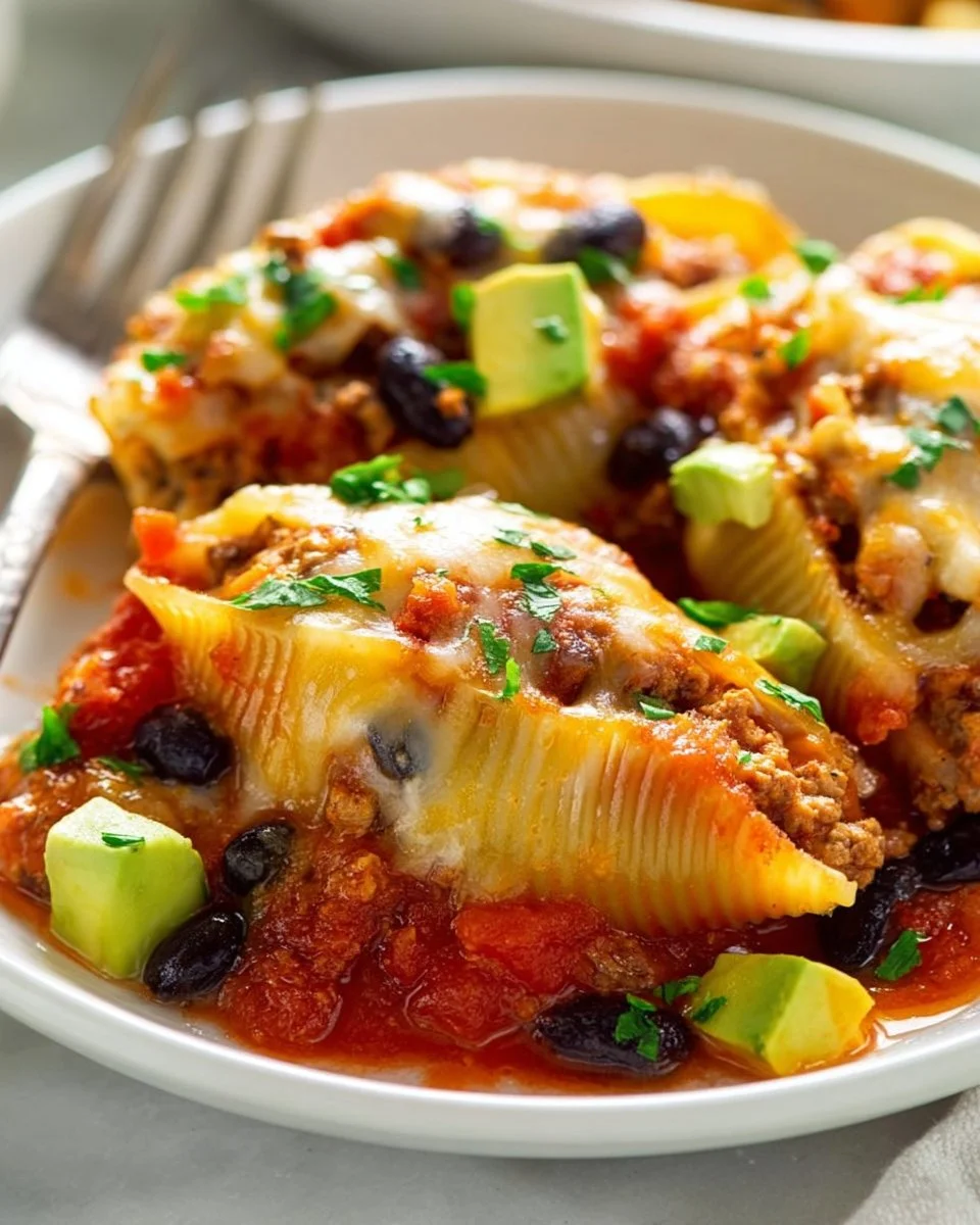 Delicious Taco Stuffed Shells filled with seasoned meat and toppings
