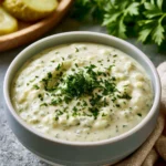Delicious homemade tartar sauce served with crispy fish and chips.