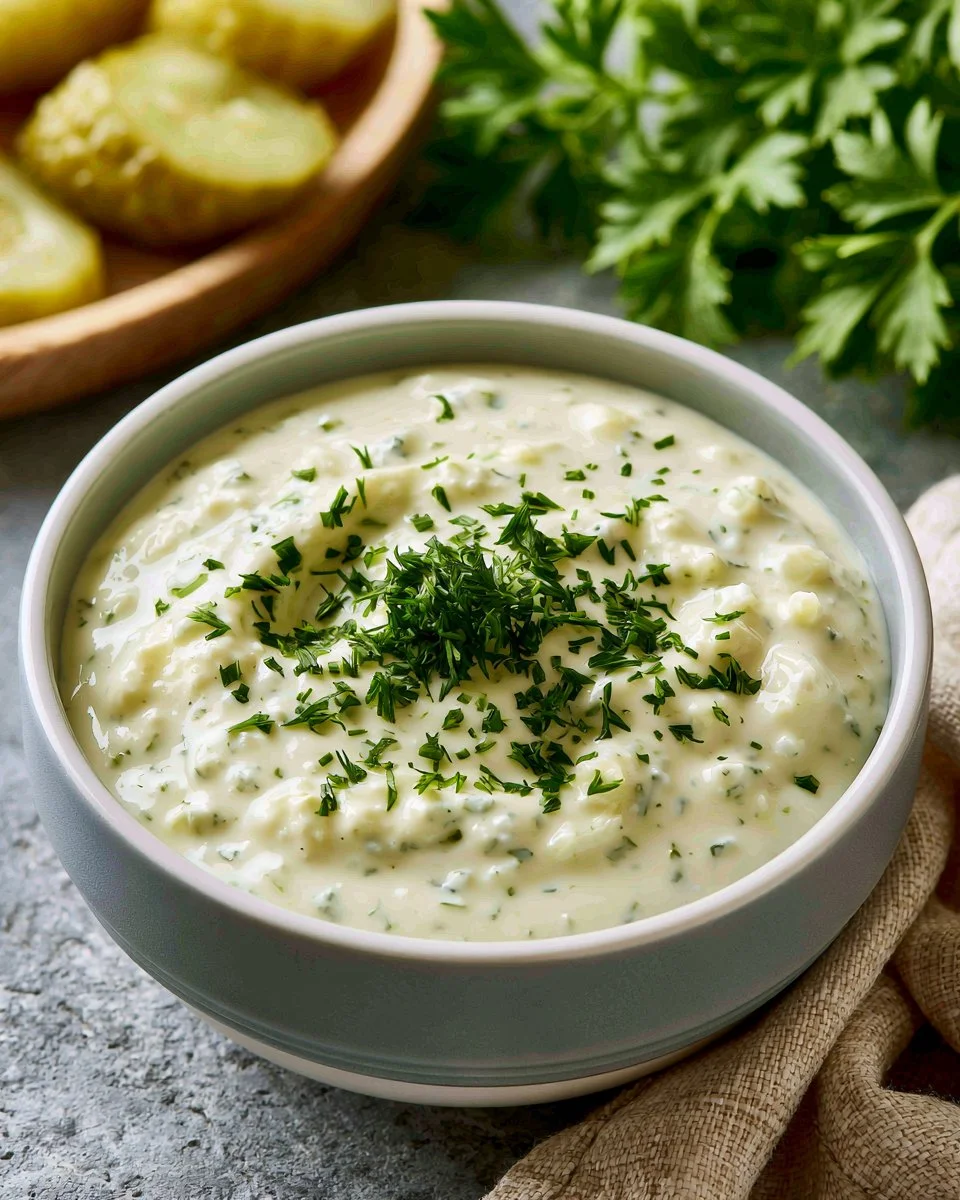 Delicious homemade tartar sauce served with crispy fish and chips.