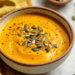 Bowl of creamy roasted pumpkin soup garnished with herbs and pumpkin seeds