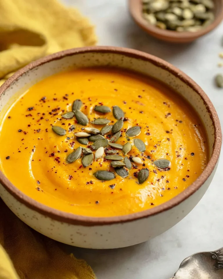 Bowl of creamy roasted pumpkin soup garnished with herbs and pumpkin seeds