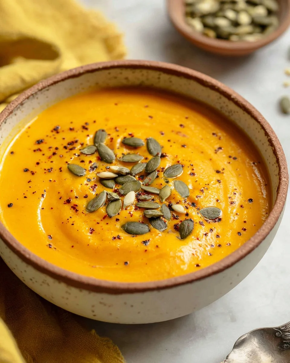 Bowl of creamy roasted pumpkin soup garnished with herbs and pumpkin seeds