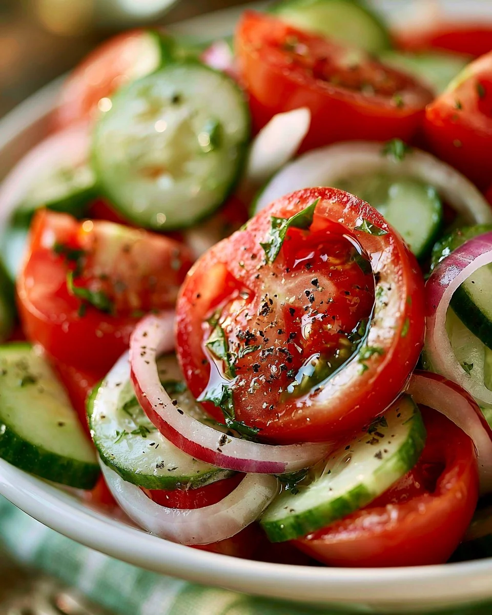 Fresh Tomato, Cucumber, and Onion Salad served in a bowl