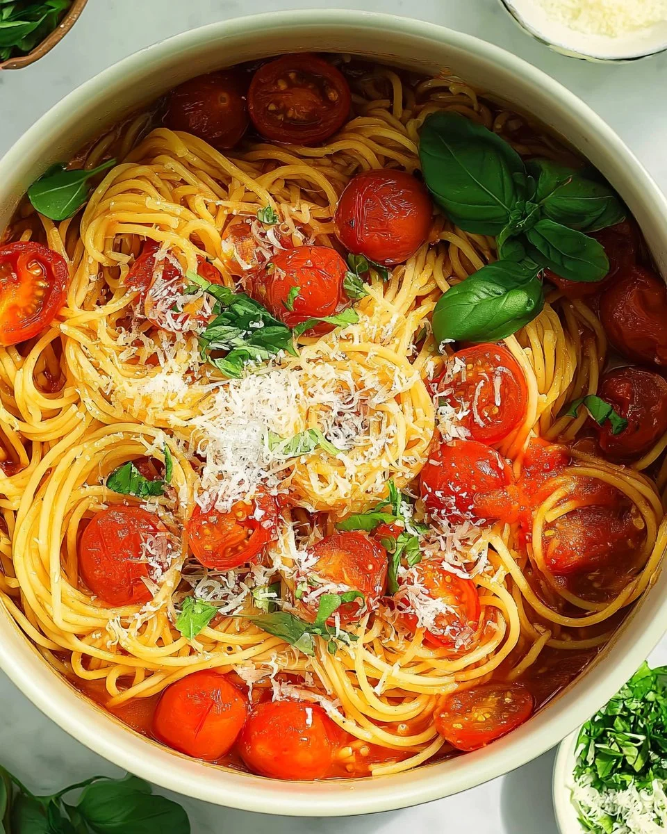 One Pan Spaghetti with Tomato Pasta in a skillet, ready to serve.