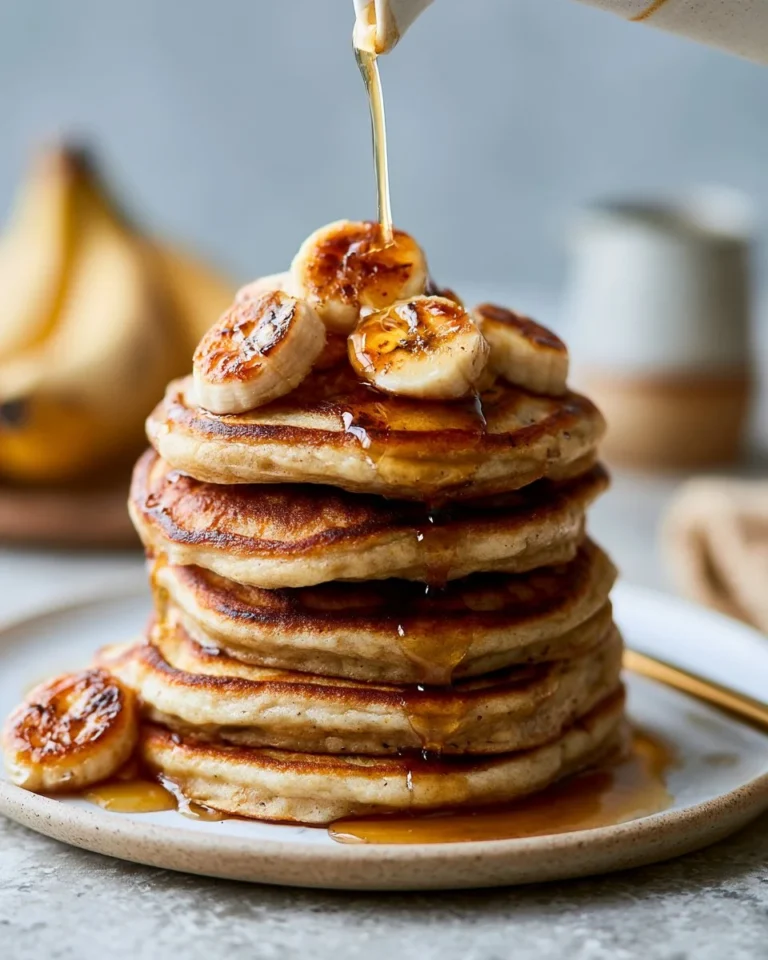 Delicious vegan plantain pancakes stacked on a plate with fresh fruit